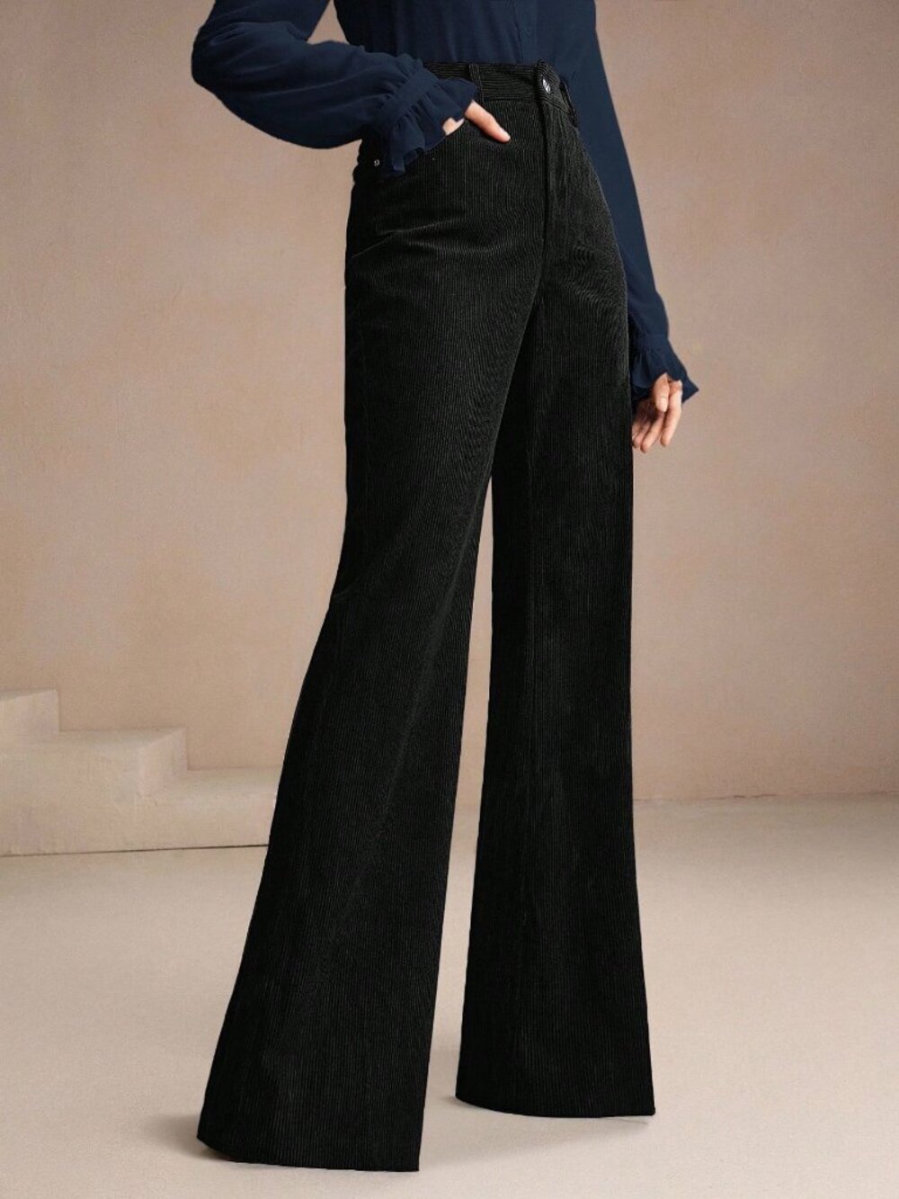 Black Corduroy Women's Casual Flared Trousers